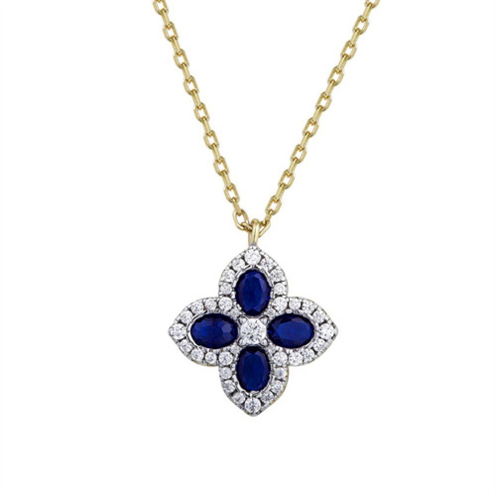 14k Gold-plated Silver Blue Oval CZ Pointed Quatrefoil Clover Pendant Necklace - ANC074B