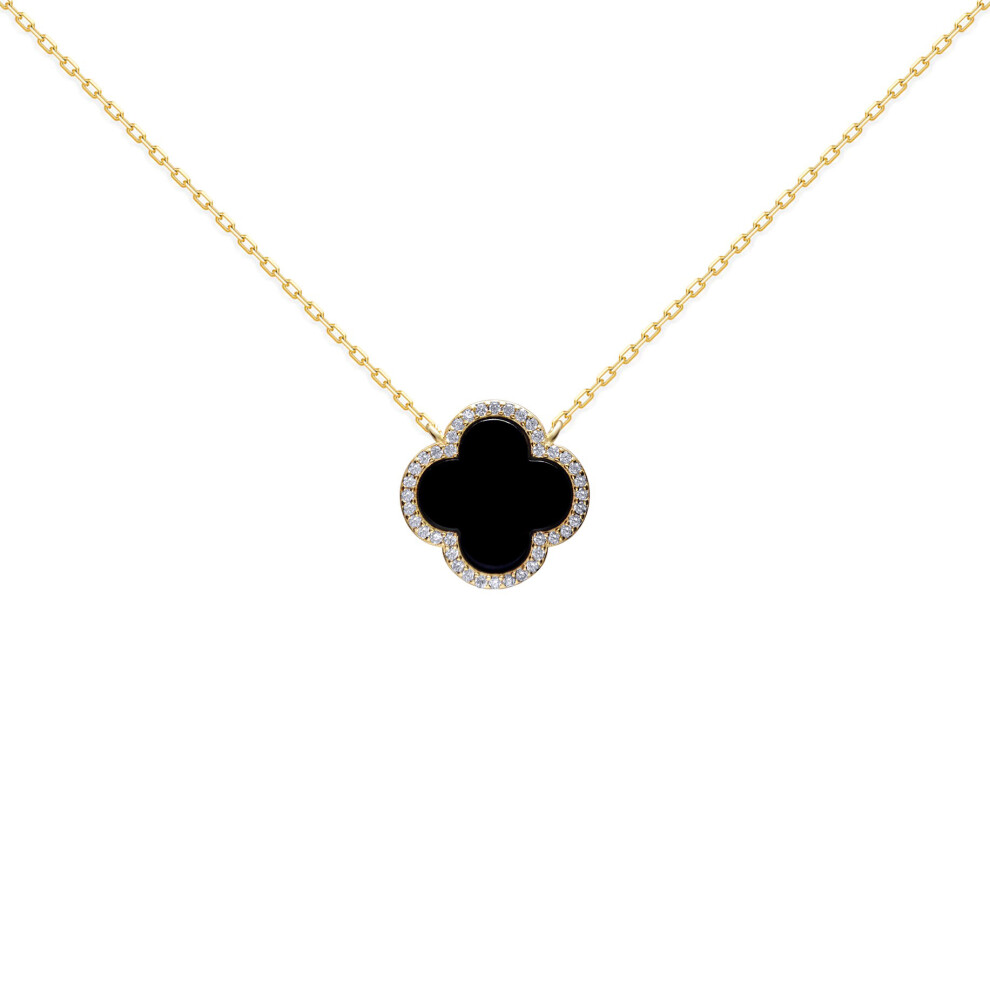 Gold-plated Silver Black Clover Onyx & CZ Halo Lucky Charm Pendant Necklace 16-18" - ANC102-GP