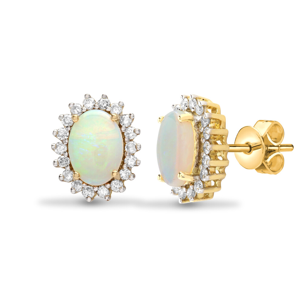 Ladies 18ct Yellow Gold Cluster Set Round G SI 0.3ct Diamond and Oval Opal Royal Cluster Stud Earrings - 18E183