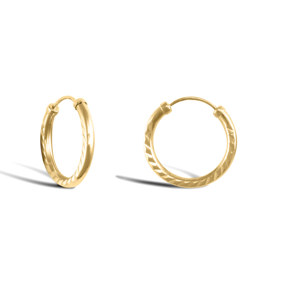 Ladies 9ct Yellow Gold Diamond Cut Capped Sleeper 1.5mm Hoop Earrings 15mm - JER743A