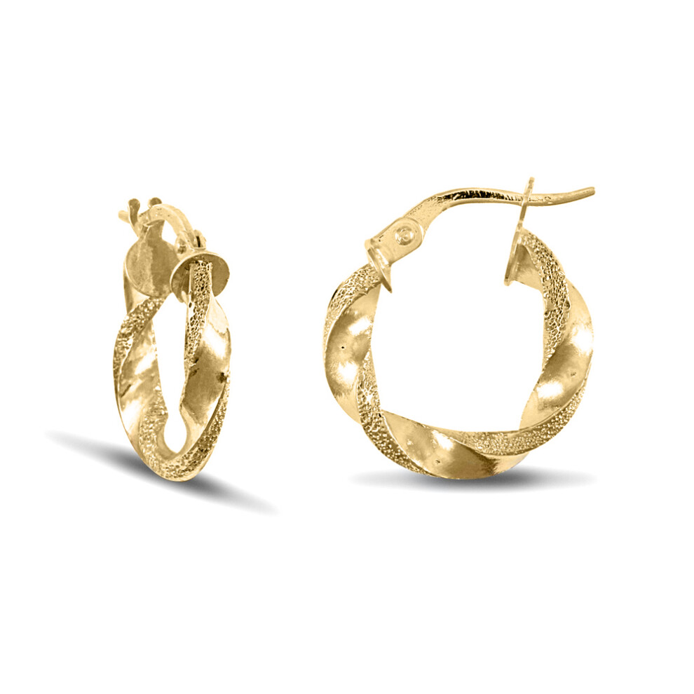Ladies 9ct Yellow Gold Frosted Edge Twisted 3mm Hoop Earrings 17mm - JER678A