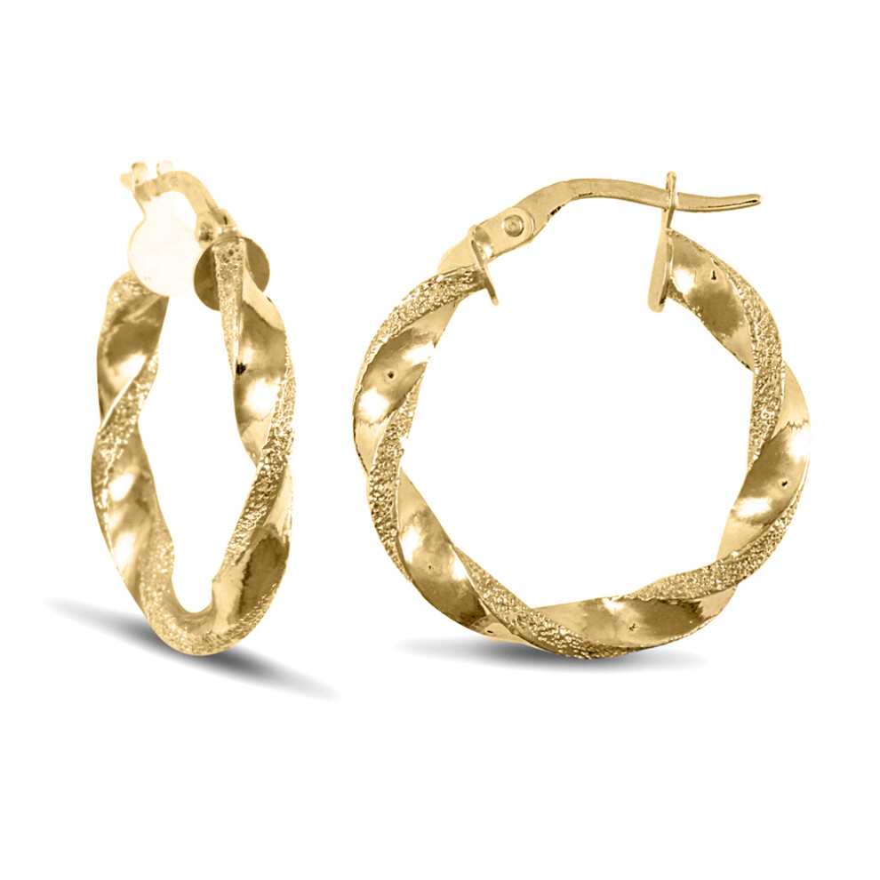 Ladies 9ct Yellow Gold Frosted Edge Twisted 3mm Hoop Earrings 22mm - JER678B