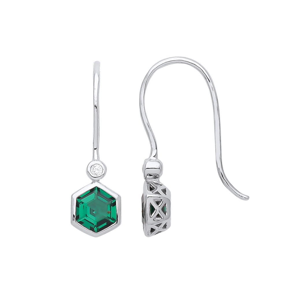 Ladies Rhodium Plated Sterling Silver Green Hexagon CZ Hexagon Bezel Odd Couple Drop Earrings - GVE950