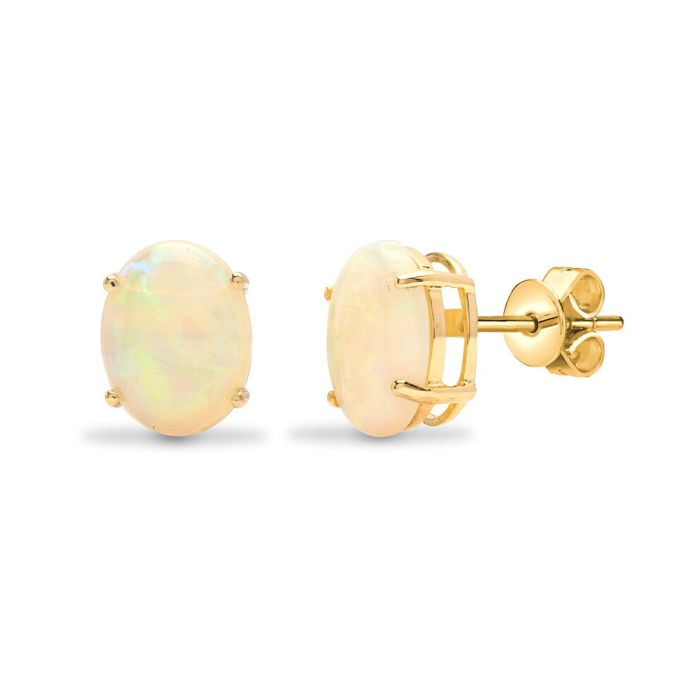 Ladies Solid 18ct Yellow Gold 4 Claw Set Oval Opal Solitaire Stud Earrings - 18E181