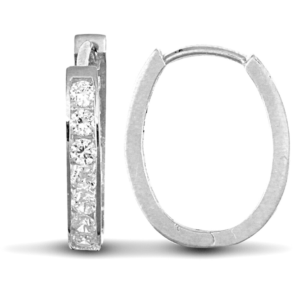 Ladies Solid 9ct White Gold White Round Brilliant Cubic Zirconia Oval Huggie Hoop Earrings - JER715