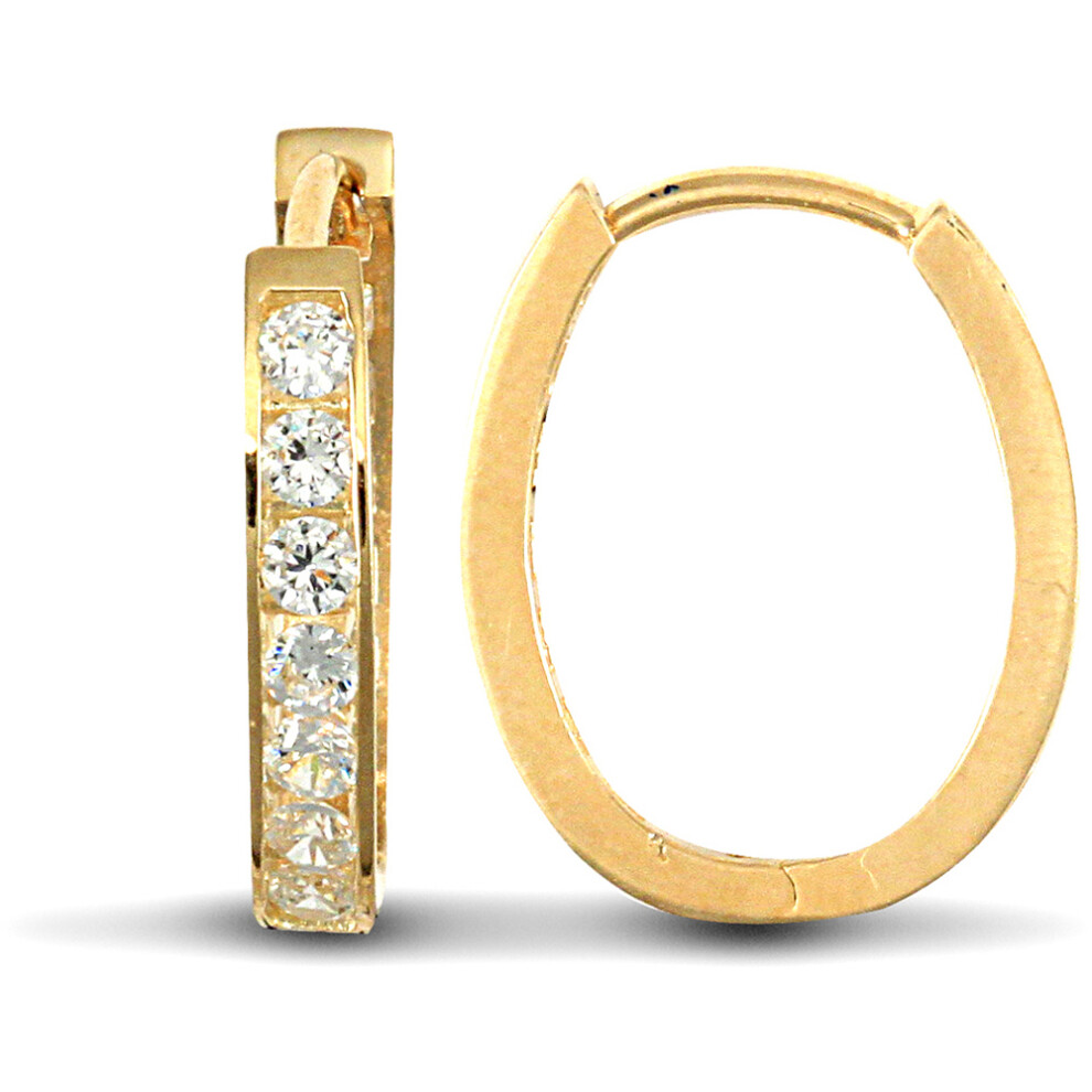 Ladies Solid 9ct Yellow Gold White Round Brilliant Cubic Zirconia Oval Huggie Hoop Earrings - JER714