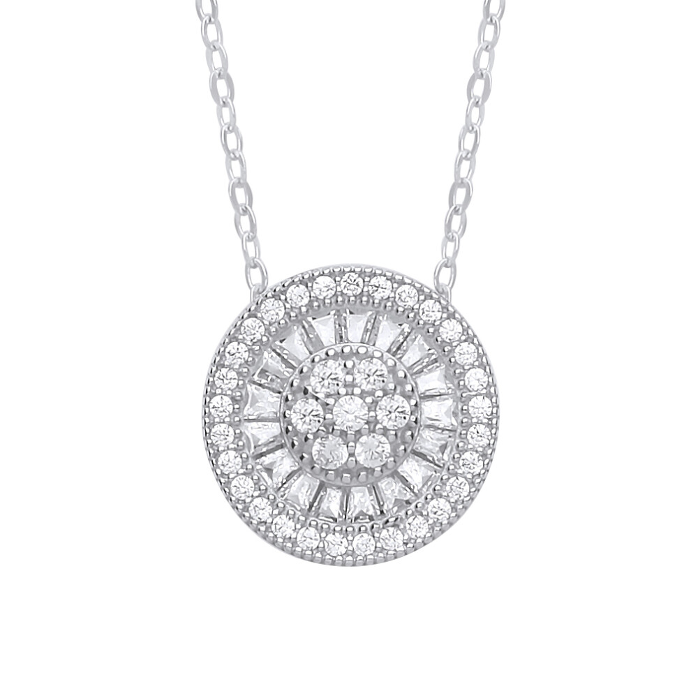 Ladies Sterling Silver Baguette Cubic Zirconia Sunburst Halo Cluster Pendant Necklace 17 inch - GVK272