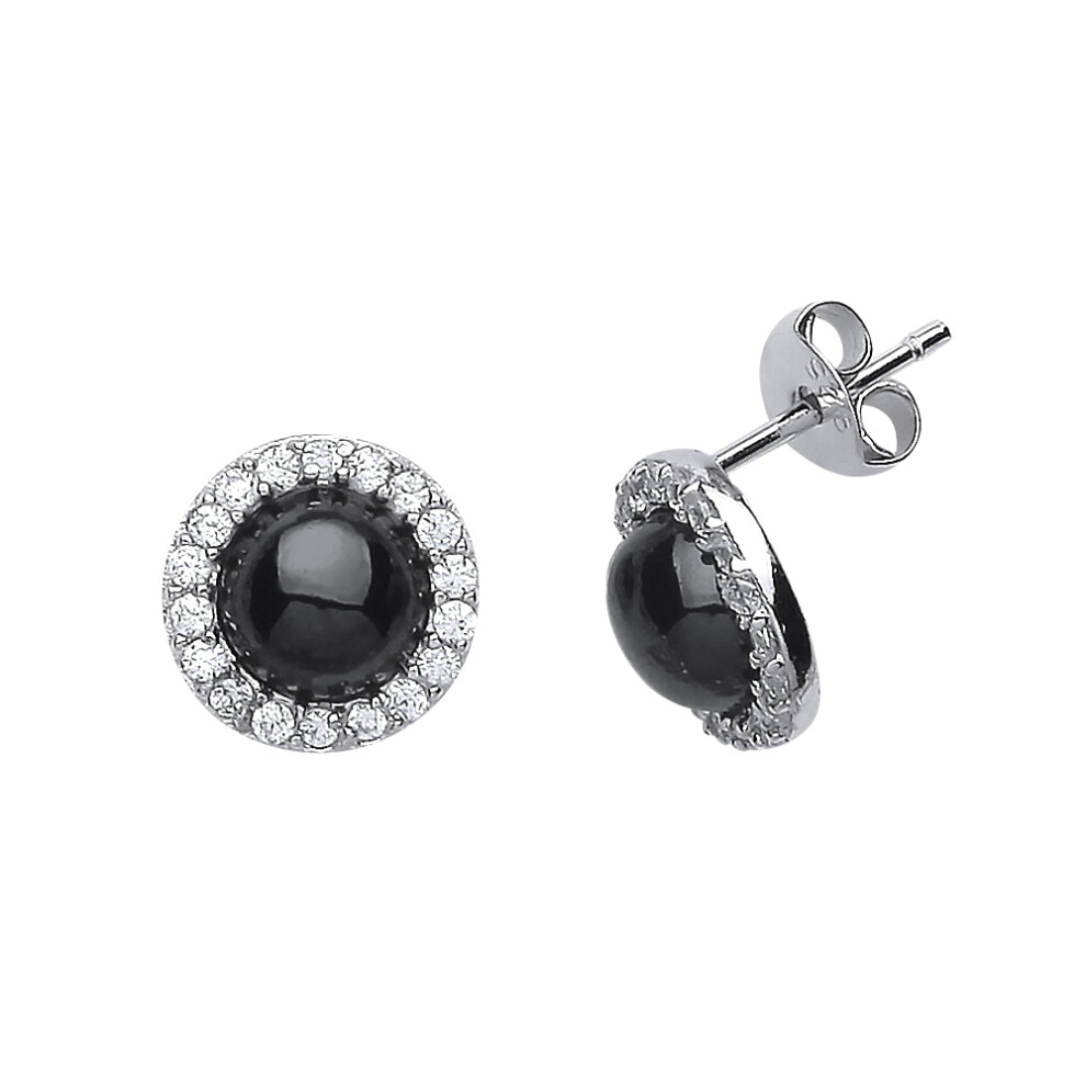 Ladies Sterling Silver Black Onyx and Cubic Zirconia Halo Stud Earrings - GVE511