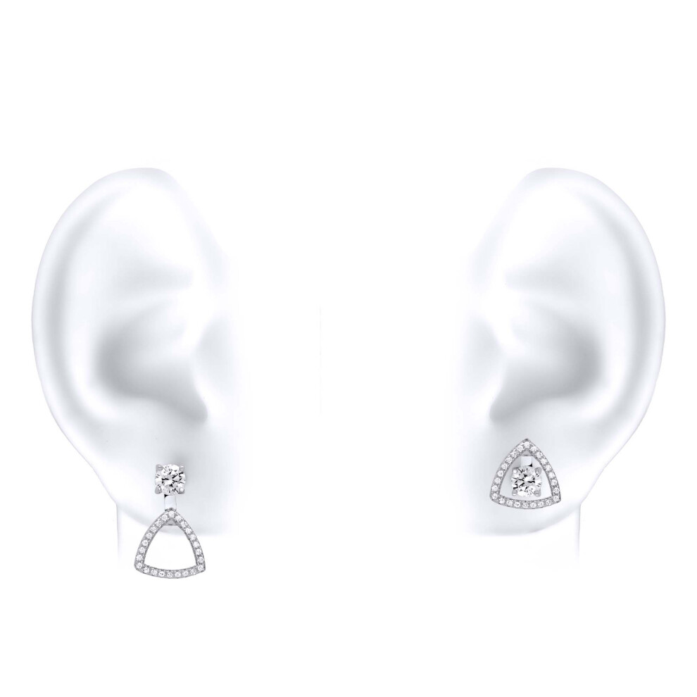 Ladies Sterling Silver Cubic Zirconia Convertible Curved Triangle Halo Solitaire Stud Drop Jacket Earrings - GVE820 - Image 4