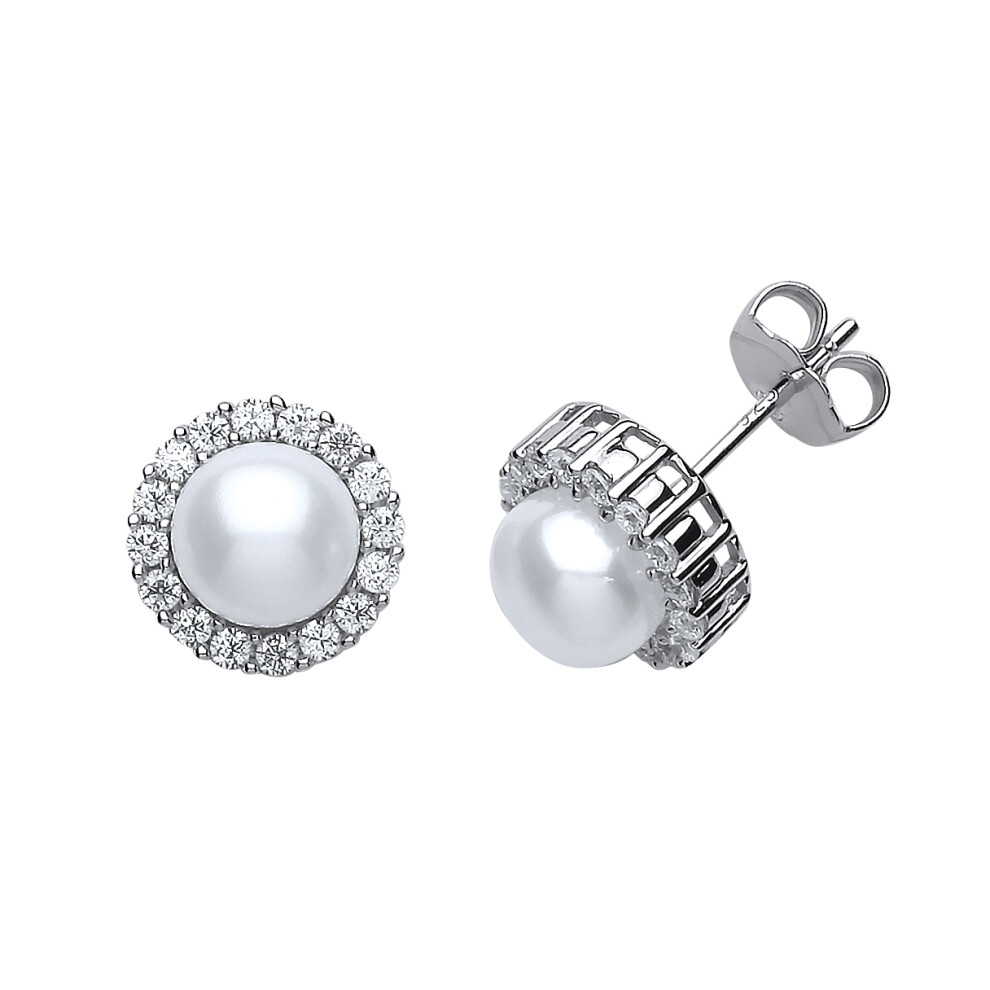 Ladies Sterling Silver Cubic Zirconia & Freshwater Cultured Pearl Halo Stud Earrings 8mm - GVE456