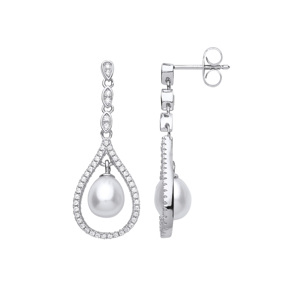 Ladies Sterling Silver Cubic Zirconia & Freshwater Cultured Pearl Tears of Joy Drop Earrings 7x8mm - GVE680