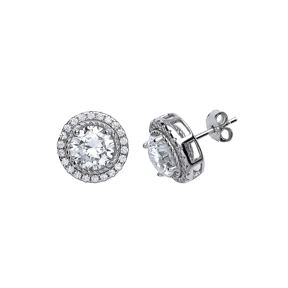 Ladies Sterling Silver Cubic Zirconia Halo Stud Earrings - GVE418