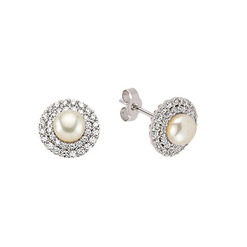 Ladies Sterling Silver Cubic Zirconia & Simulated Pearl Halo Stud Earrings 7mm - GVE332