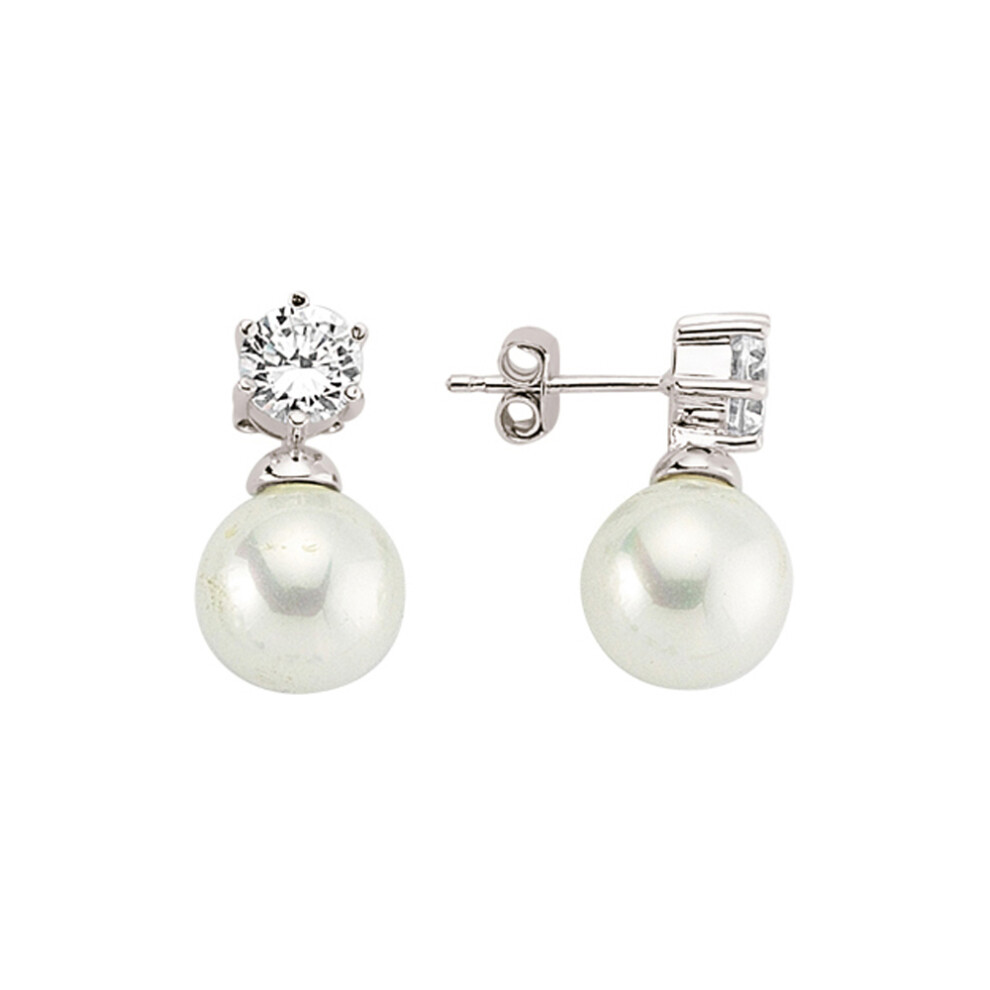 Ladies Sterling Silver Cubic Zirconia & Simulated Pearl Solitaire Stud Earrings 11mm - GVE407