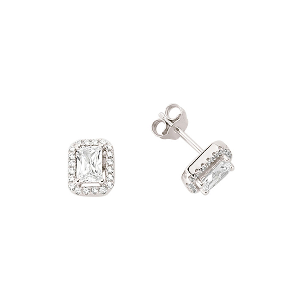 Ladies Sterling Silver Emerald Cut Cubic Zirconia Halo Stud Earrings - GVE351