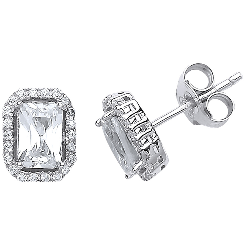 Ladies Sterling Silver Emerald Cut Cubic Zirconia Halo Stud Earrings - GVE542