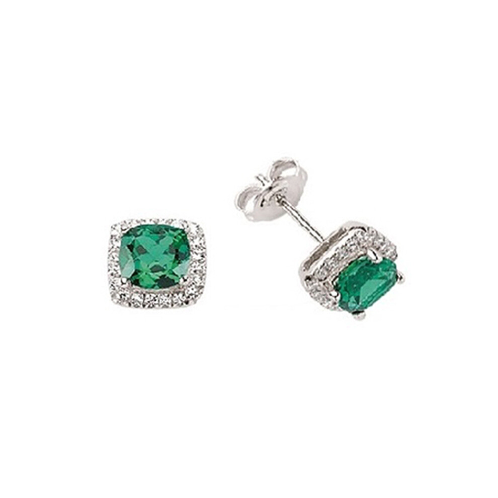 Ladies Sterling Silver Emerald-Green Asscher Cubic Zirconia Halo Cluster Stud Earrings - GVE219EM