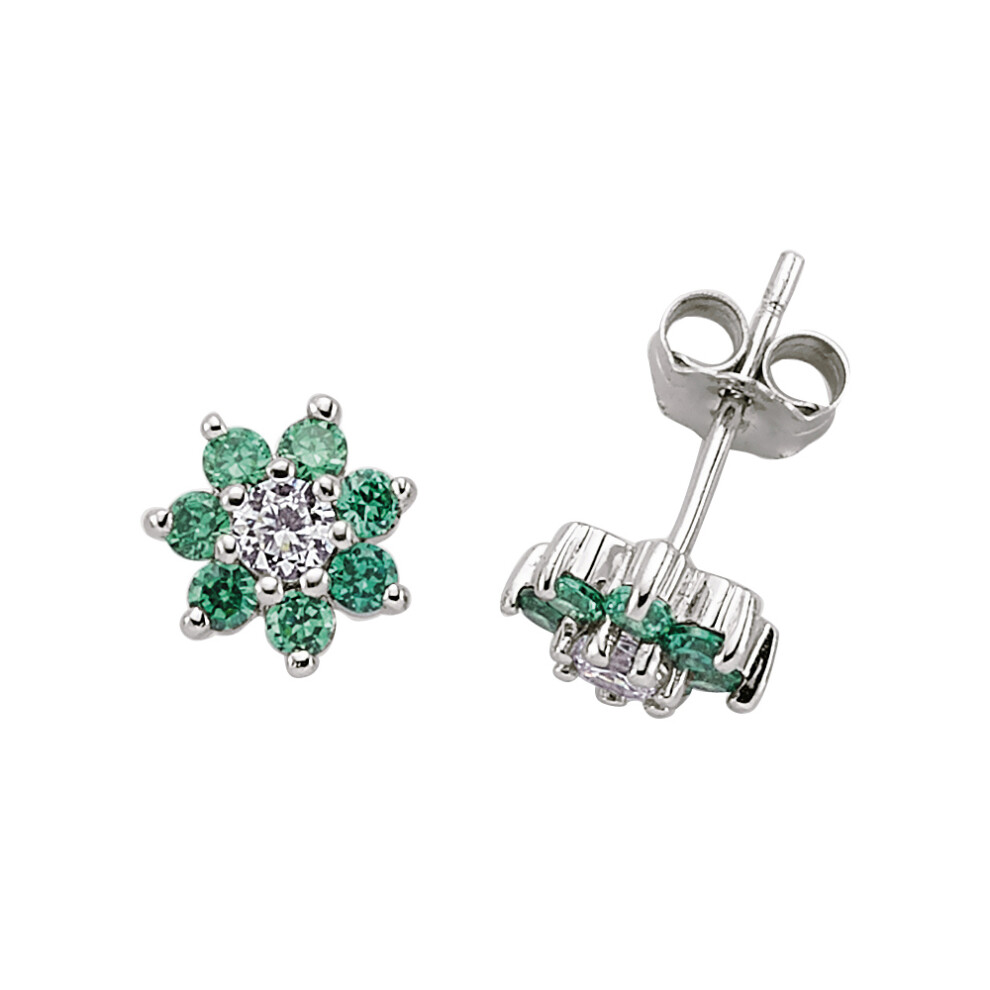 Ladies Sterling Silver Emerald-Green Cubic Zirconia Flower Cluster Stud Earrings - GVE176