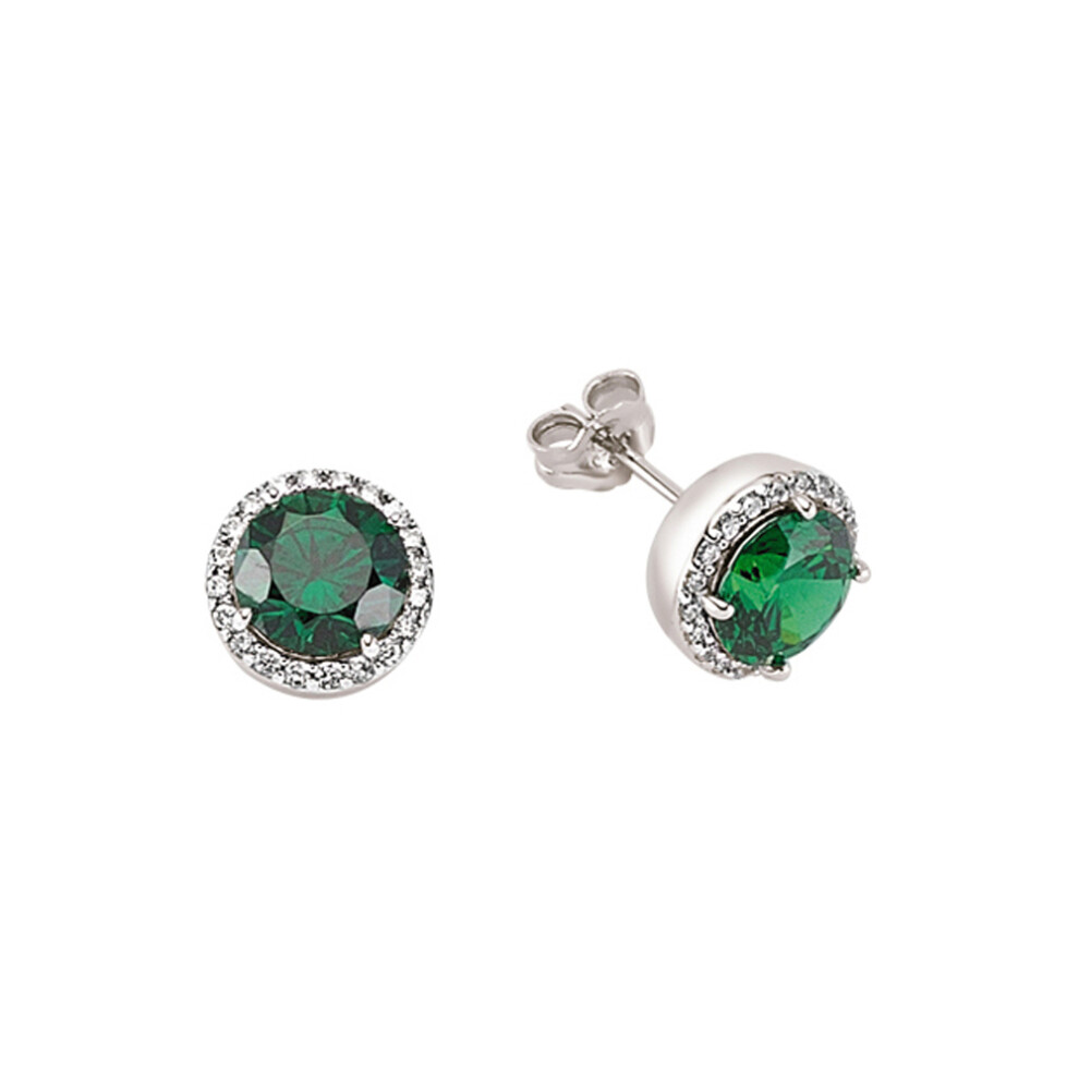 Ladies Sterling Silver Emerald-Green Cubic Zirconia Halo Stud Earrings - GVE322