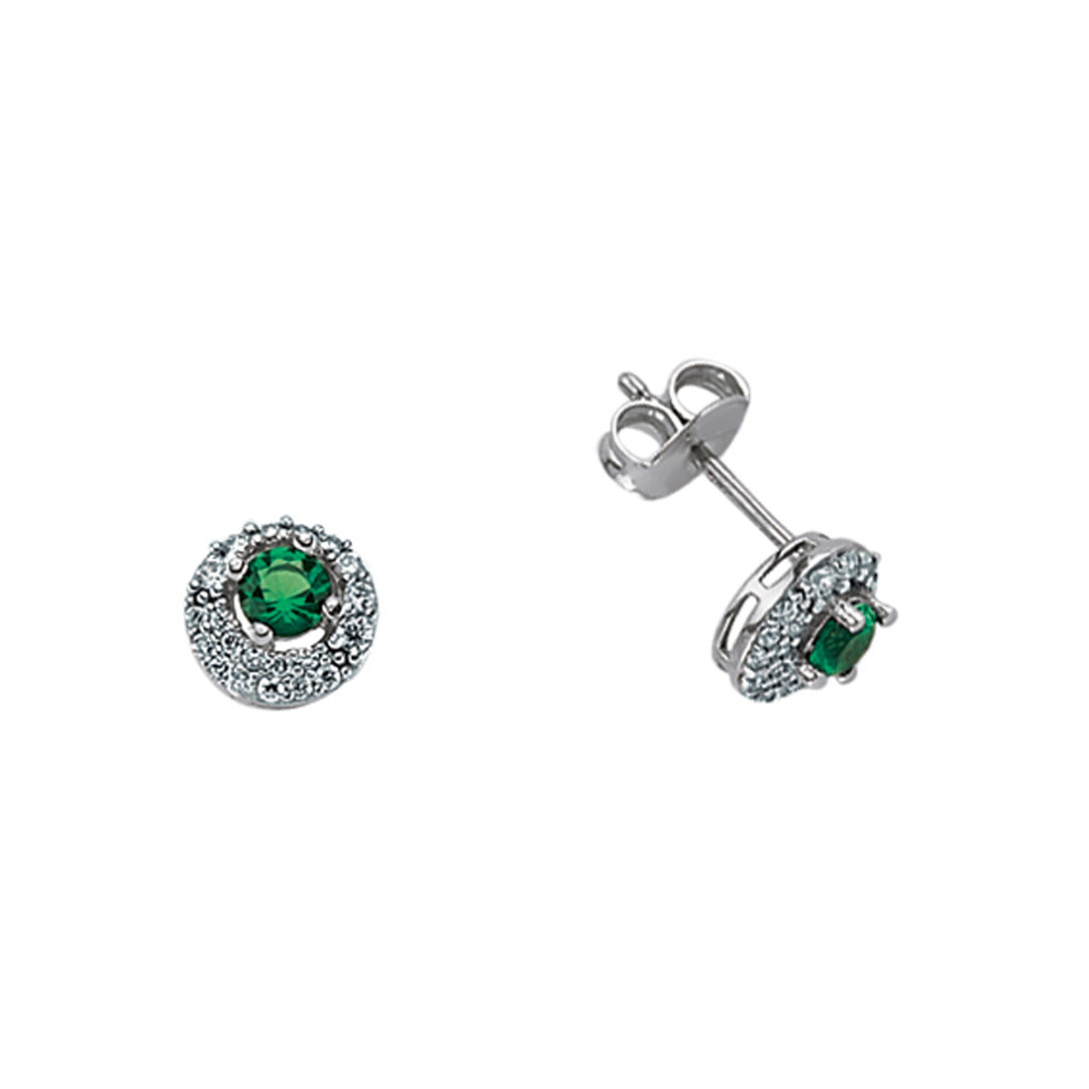 Ladies Sterling Silver Emerald-Green Cubic Zirconia Halo Stud Earrings - GVE396EM
