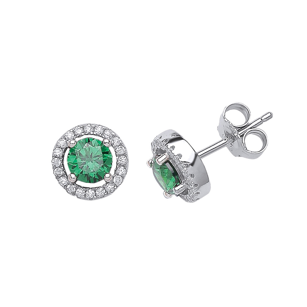 Ladies Sterling Silver Emerald-Green Cubic Zirconia Halo Stud Earrings - GVE524