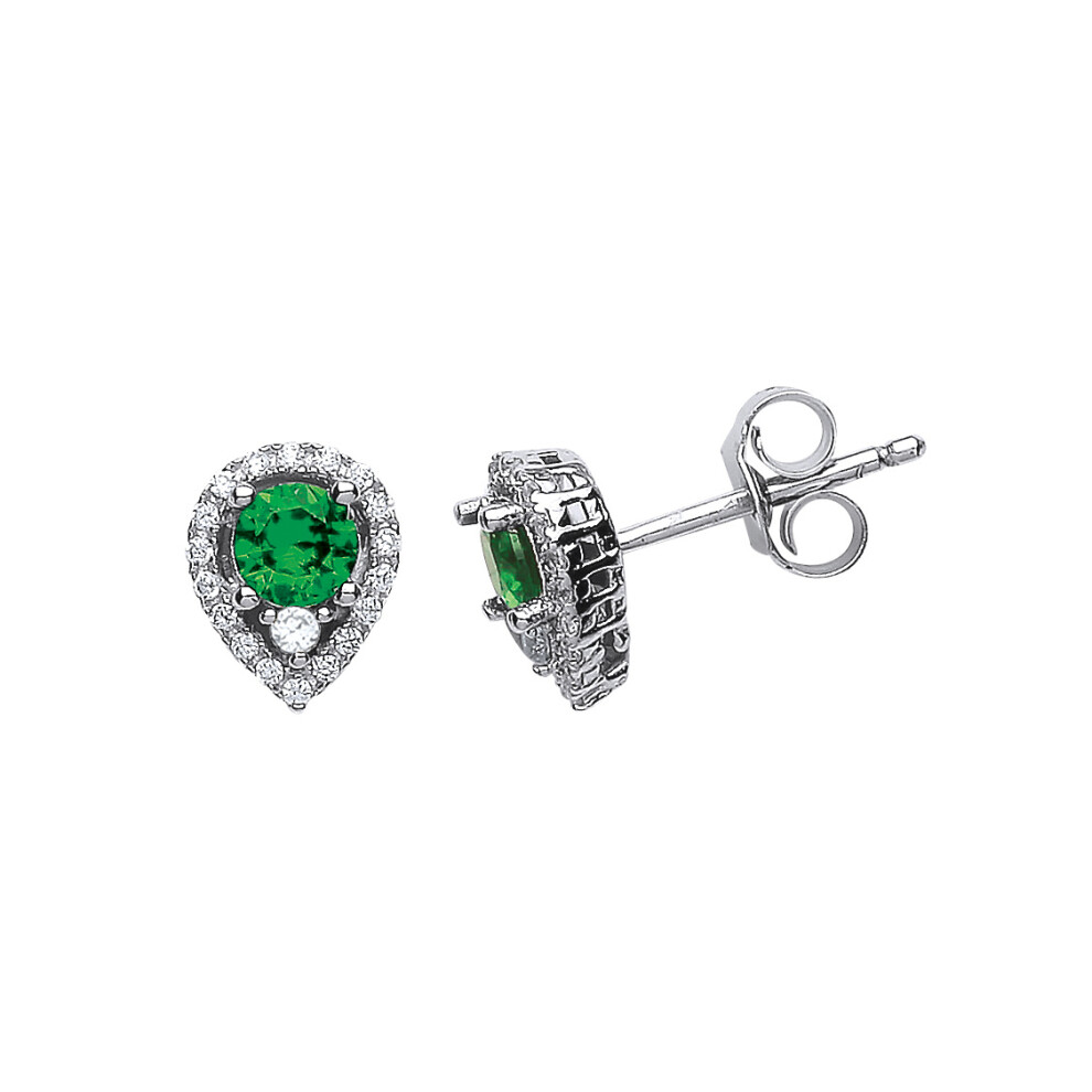 Ladies Sterling Silver Emerald-Green Cubic Zirconia Halo Tears of Joy Drop Earrings - GVE397EM