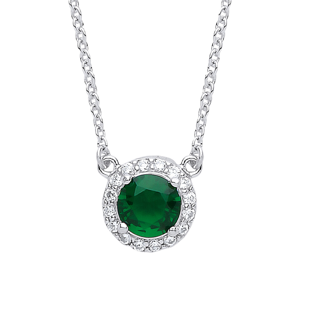 Ladies Sterling Silver Emerald-Green Cubic Zirconia Solitaire Halo Charm Necklace 15 + 2 inch - GVK158EM