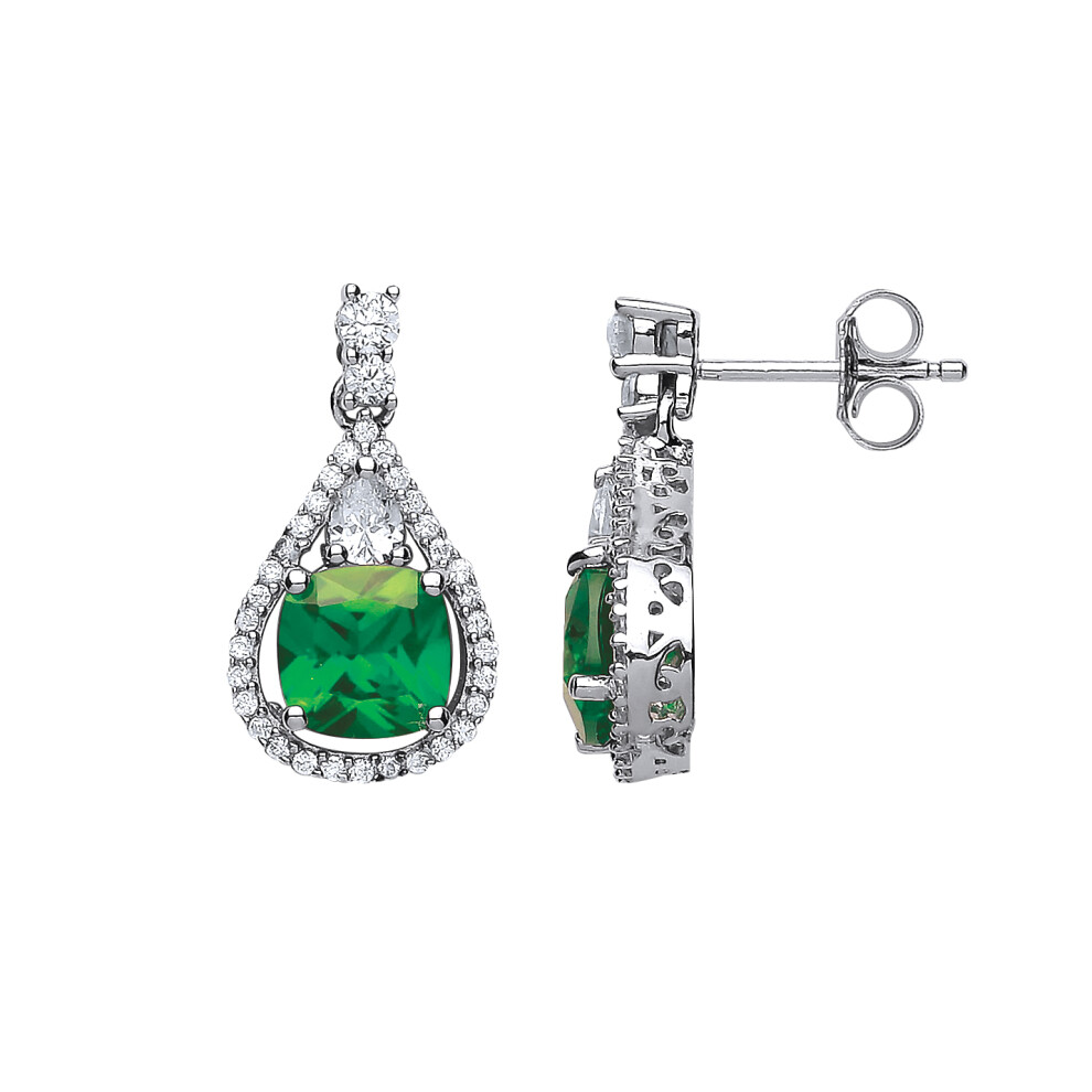 Ladies Sterling Silver Emerald-Green Cushion Cubic Zirconia Halo Teardrop Drop Earrings - GVE441EM