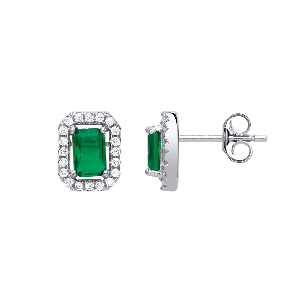 Ladies Sterling Silver Emerald-Green emerald cut Cubic Zirconia Football Stadium Stud Earrings - GVE351EM