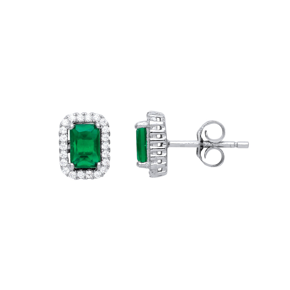 Ladies Sterling Silver Emerald-Green emerald cut Cubic Zirconia Football Stadium Stud Earrings - GVE542EM
