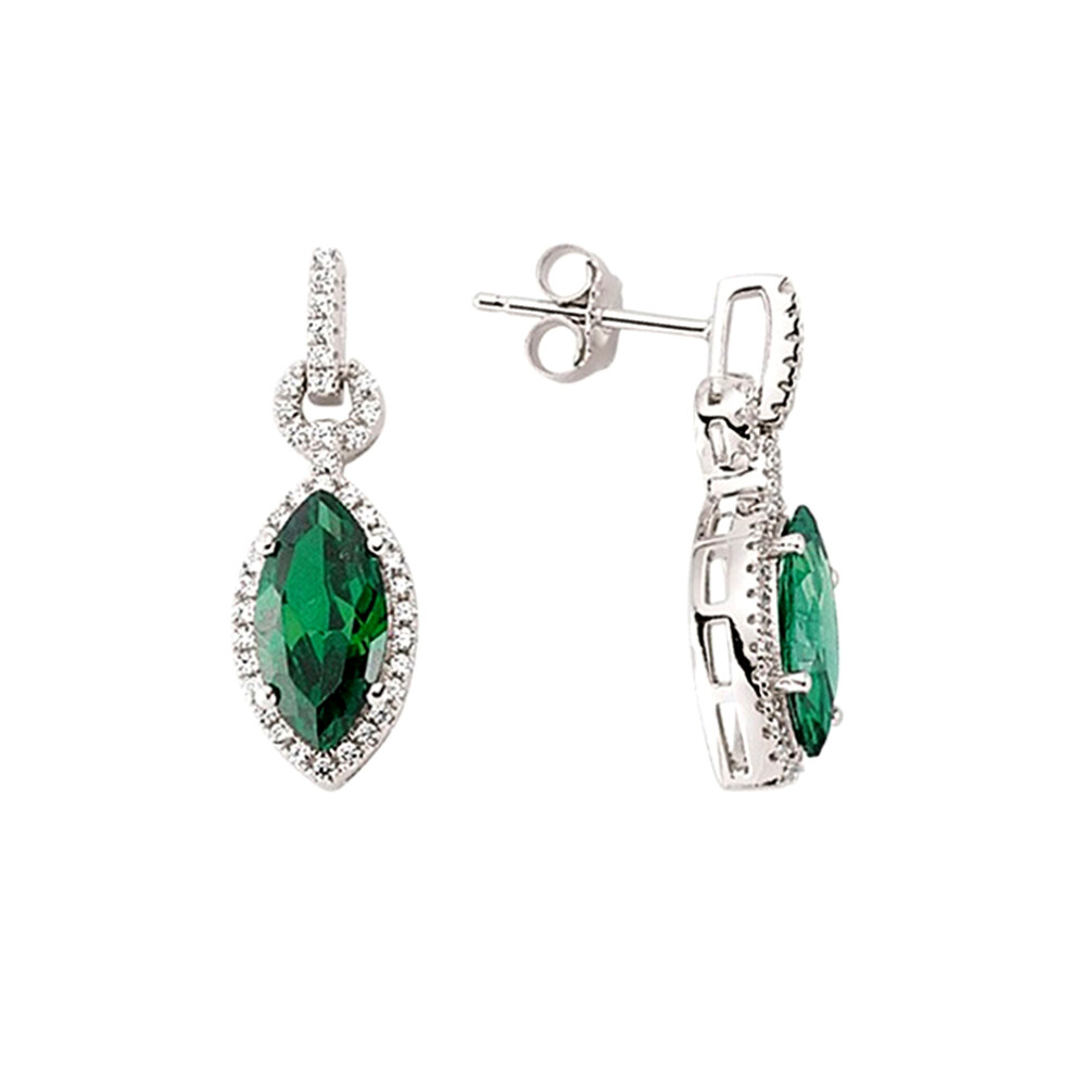 Ladies Sterling Silver Emerald-Green Marquise Cubic Zirconia Cats Eyes Stud Earrings - GVE352