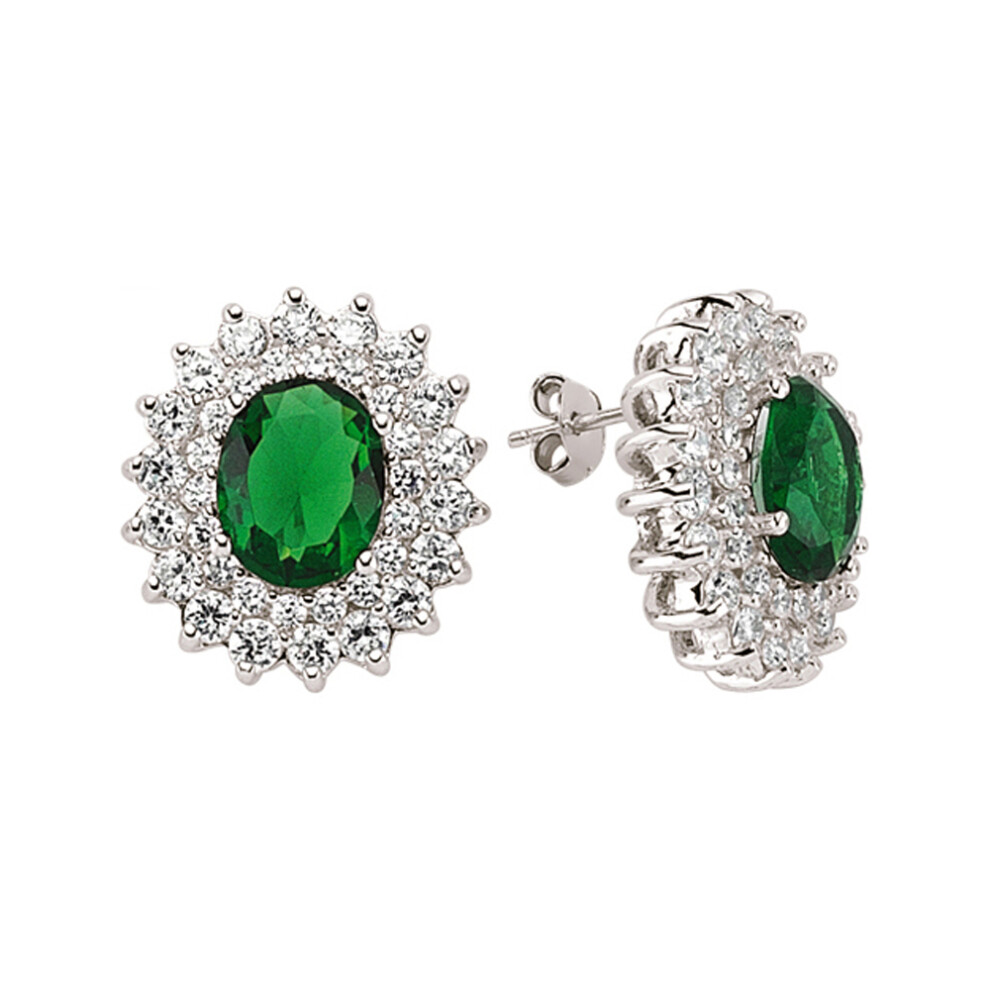 Ladies Sterling Silver Emerald-Green Oval Cubic Zirconia Royal Cluster Stud Earrings - GVE058EM