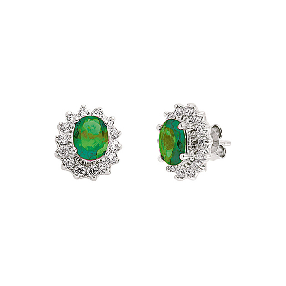 Ladies Sterling Silver Emerald-Green Oval Cubic Zirconia Royal Cluster Stud Earrings - GVE247EM