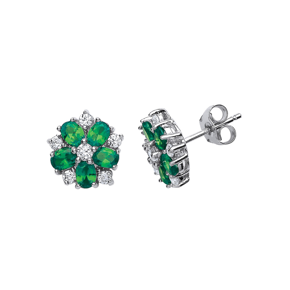 Ladies Sterling Silver Emerald-Green Oval Cubic Zirconia Tudor Rose Flower Petal Stud Earrings - GVE212EME