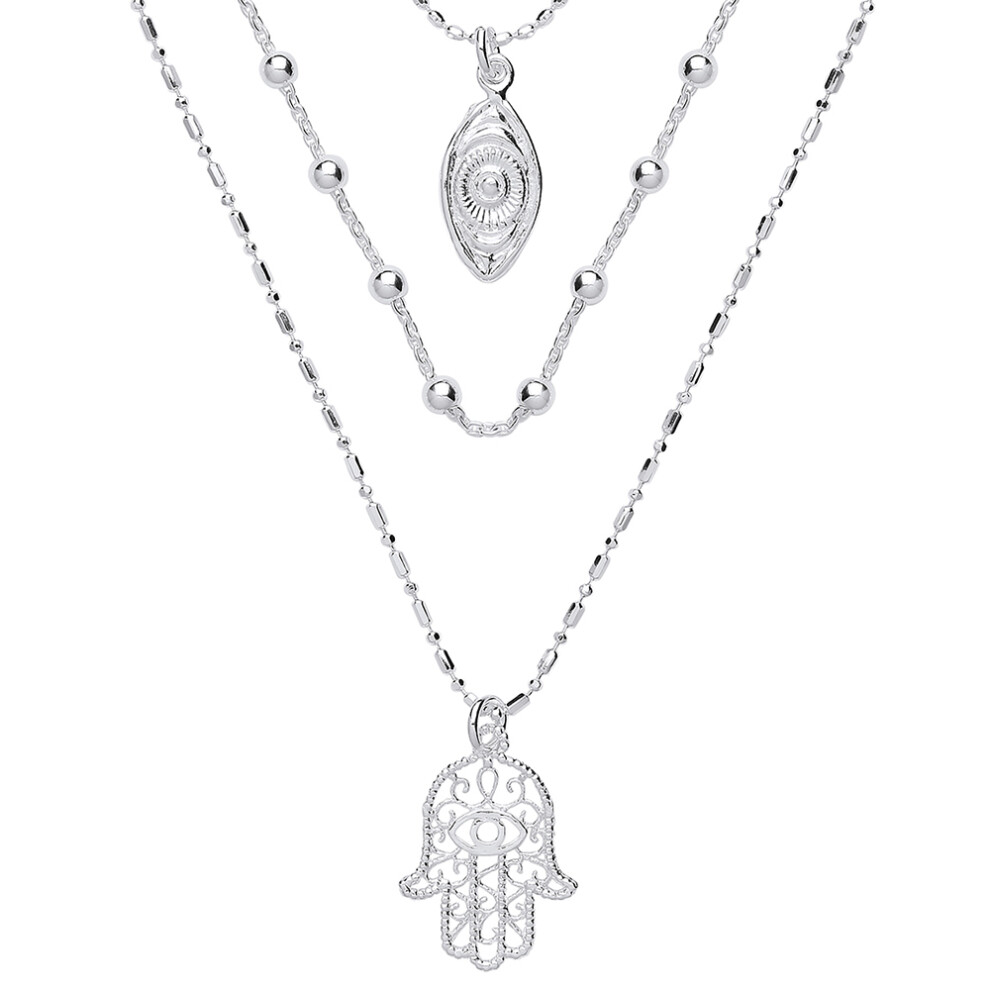 Ladies Sterling Silver Hamsa & Anti Evil Eye Bead Necklace 16 inch - GVK293