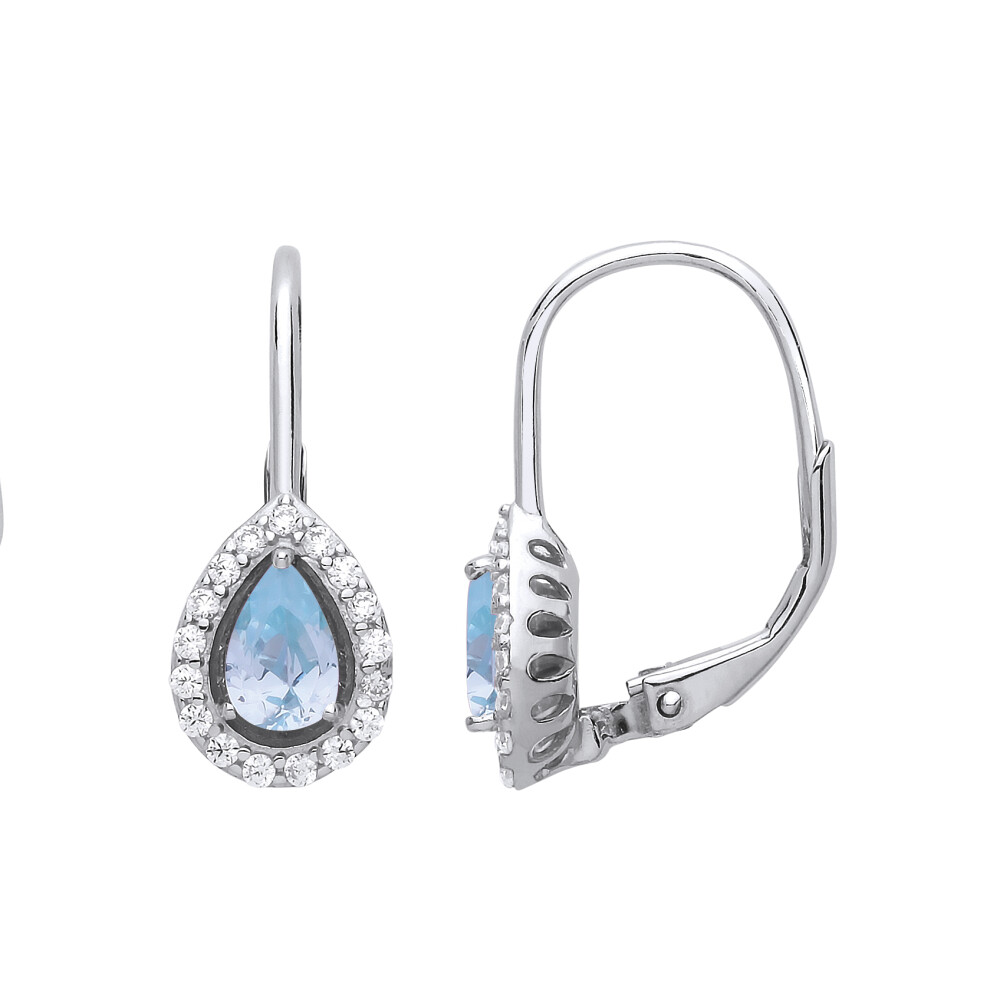 Ladies Sterling Silver Light Blue Pear Cubic Zirconia Tears of Joy Halo Drop Earrings - GVE814AQ
