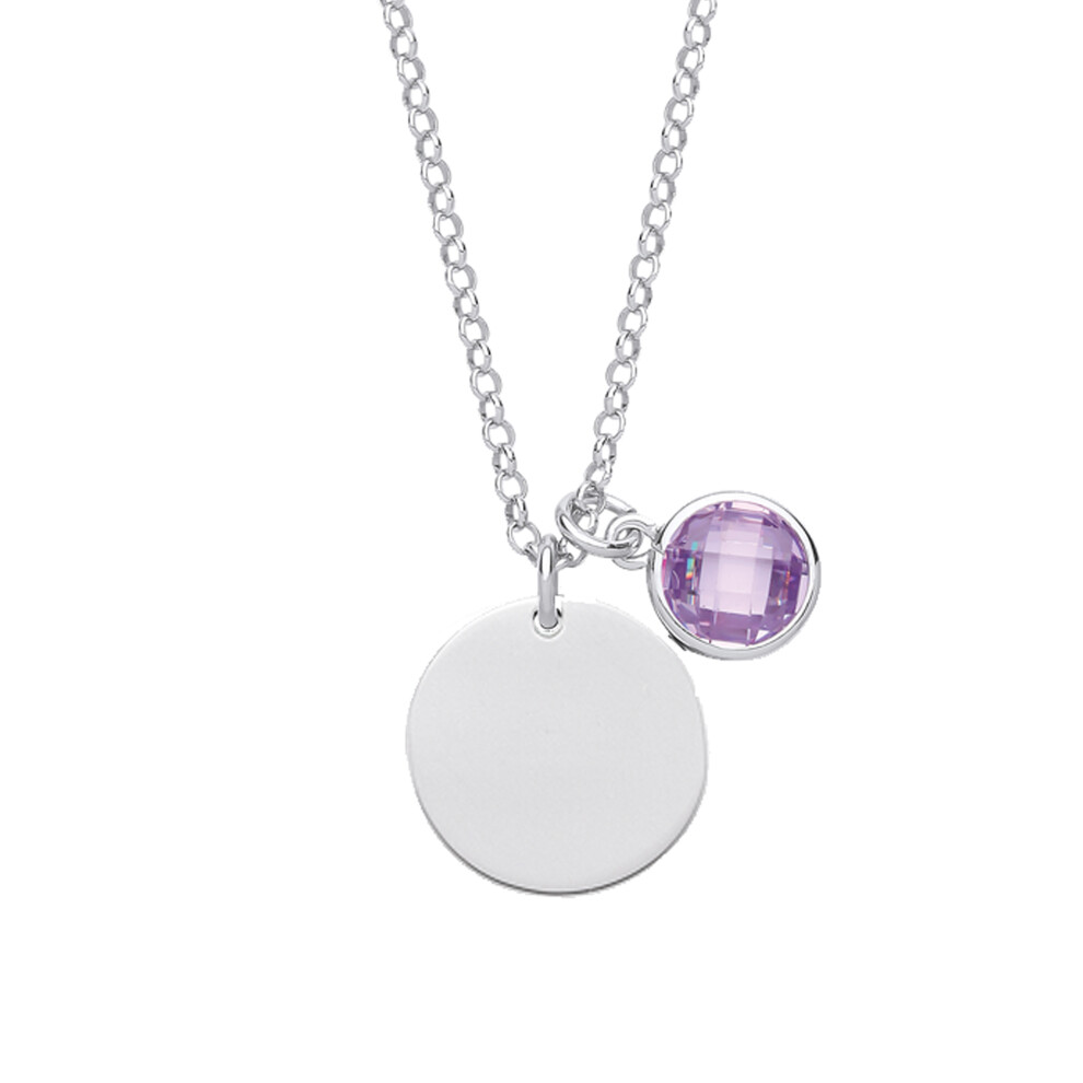 Ladies Sterling Silver Lilac Checkerboard Button Cubic Zirconia June Birthstone Medallion Necklace 16 inch - GVK338VIO
