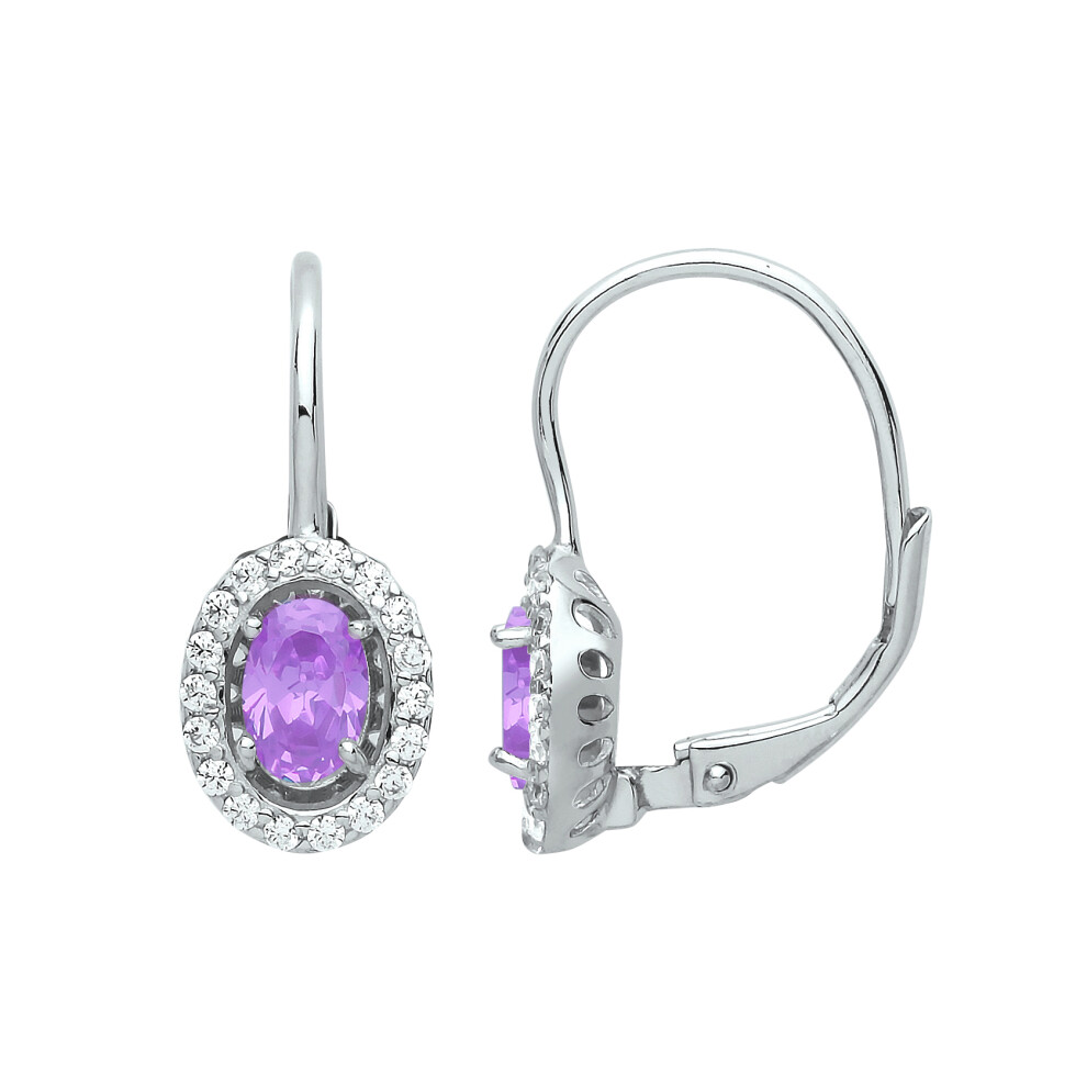 Ladies Sterling Silver Lilac Oval Cubic Zirconia Solitaire Halo Drop Earrings - GVE815VIO
