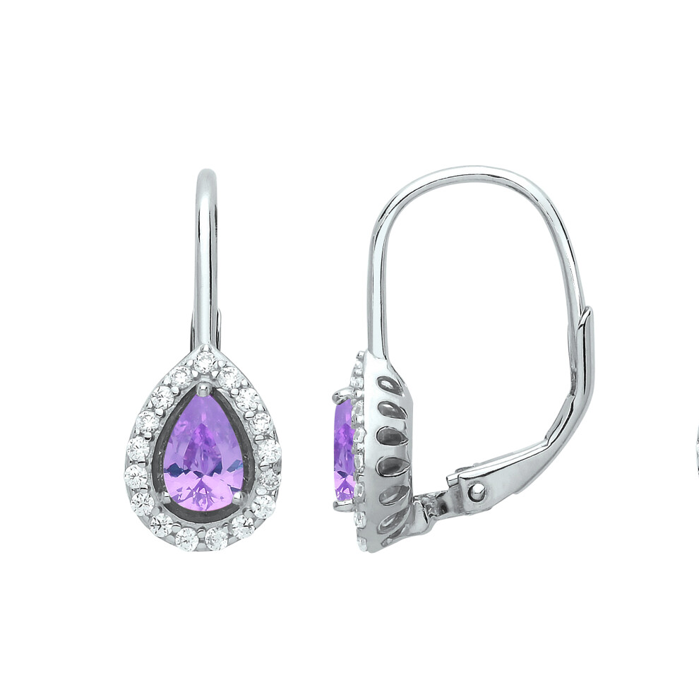 Ladies Sterling Silver Lilac Pear Cubic Zirconia Tears of Joy Halo Drop Earrings - GVE814VIO