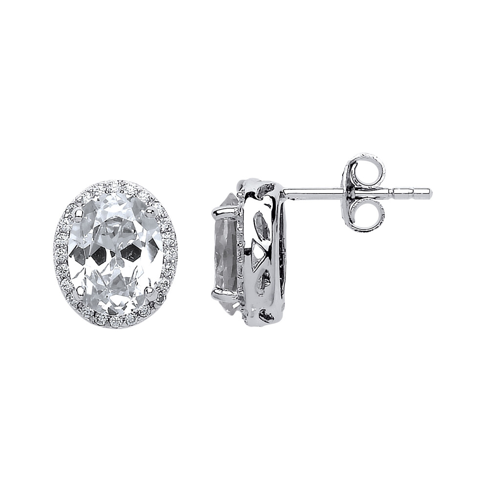 Ladies Sterling Silver oval Cubic zirconia Oval Halo Cluster Stud Earrings - GVE545