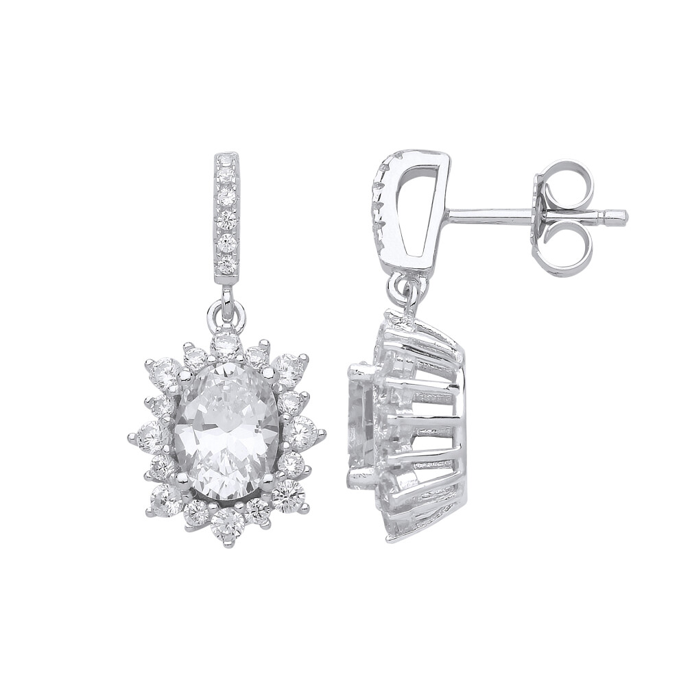 Ladies Sterling Silver oval Cubic Zirconia Sunshine Cluster Solitaire Drop Earrings - GVE583