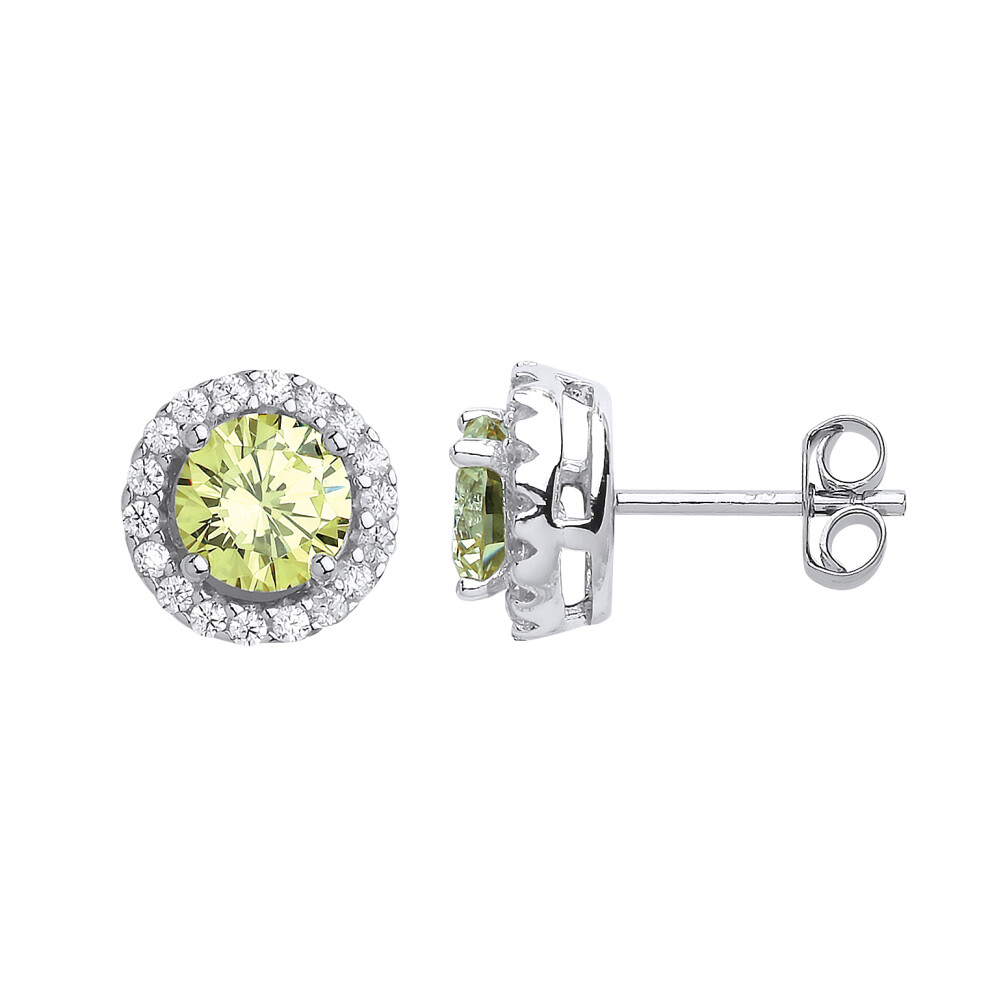Ladies Sterling Silver Peridot-Green Cubic Zirconia Halo Solitaire Stud Earrings - GVE419PER