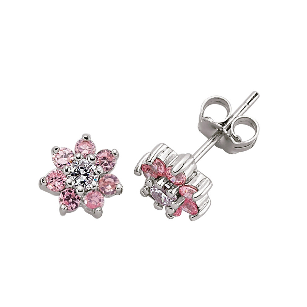 Ladies Sterling Silver Pink Cubic Zirconia Flower Cluster Stud Earrings - GVE179