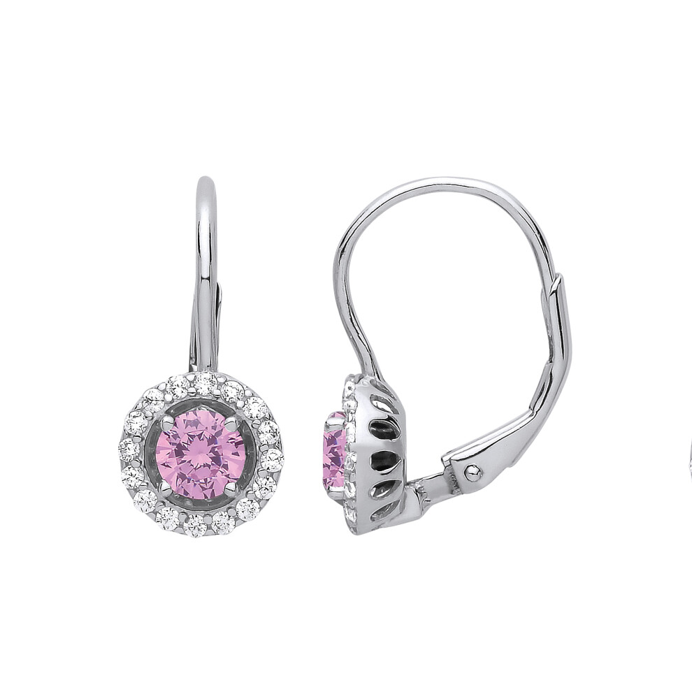 Ladies Sterling Silver Pink Cubic Zirconia Solitaire Halo Drop Earrings - GVE813PINK