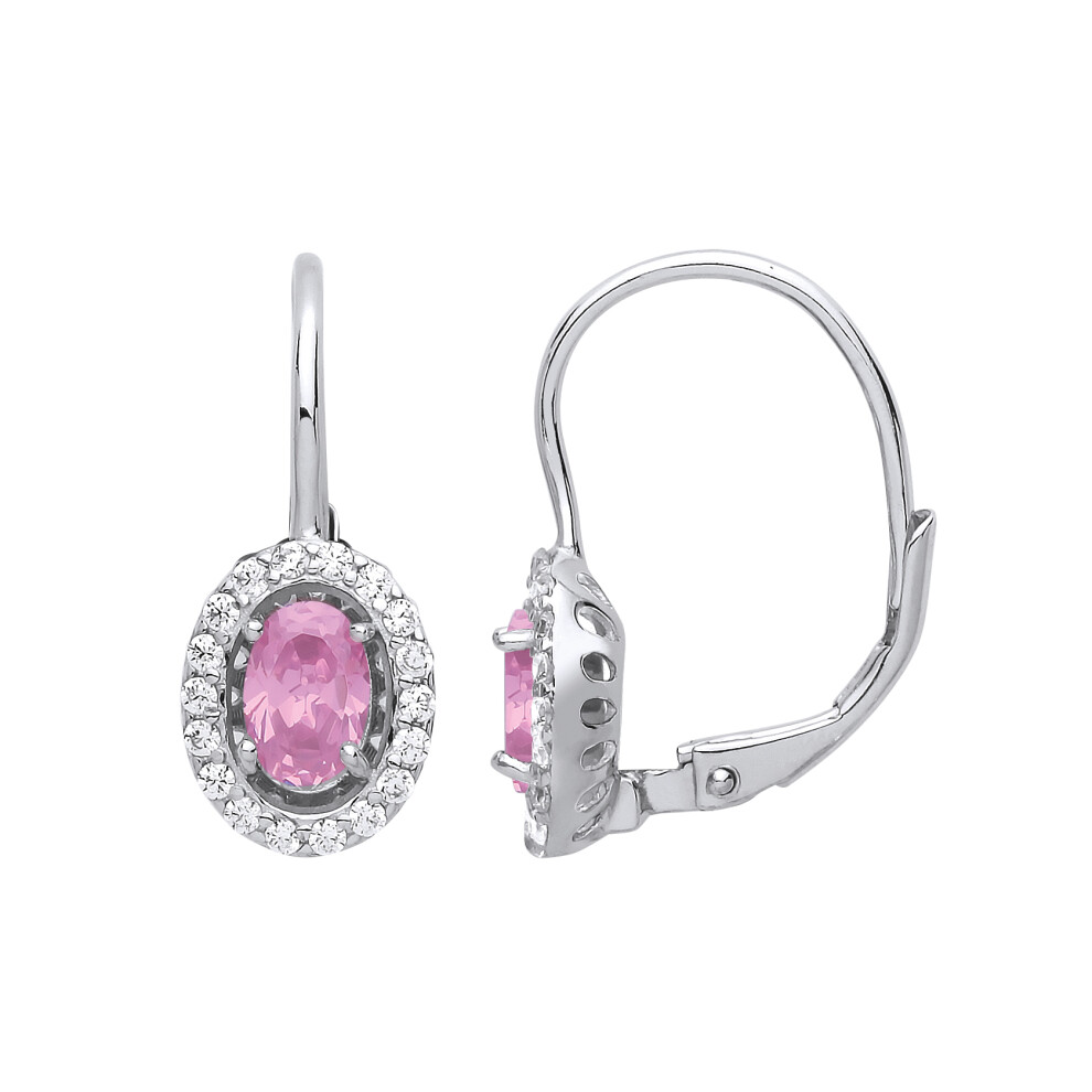 Ladies Sterling Silver Pink Oval Cubic Zirconia Solitaire Halo Drop Earrings - GVE815PINK