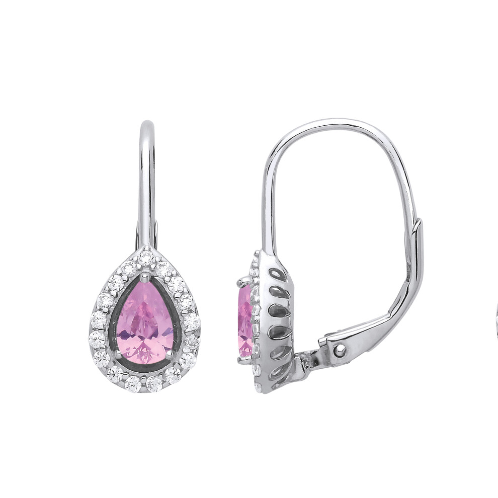 Ladies Sterling Silver Pink Pear Cubic Zirconia Tears of Joy Halo Drop Earrings - GVE814PINK