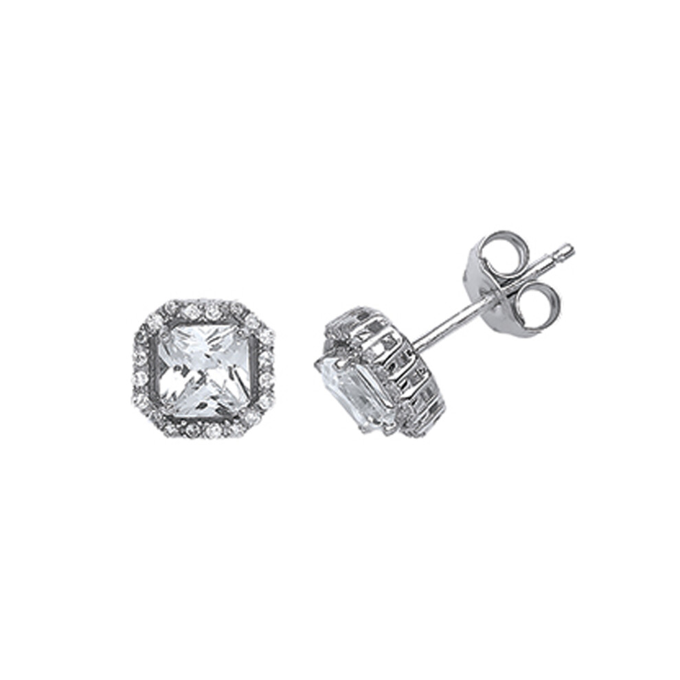 Ladies Sterling Silver Princess Cut Cubic Zirconia Halo Stud Earrings - GVE540