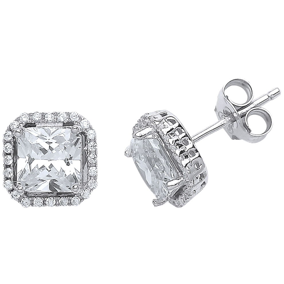 Ladies Sterling Silver Princess Cut Cubic Zirconia Halo Stud Earrings - GVE541