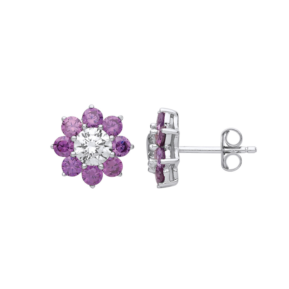 Ladies Sterling Silver Purple Cubic Zirconia Majestic Flower Cluster Stud Earrings - GVE807