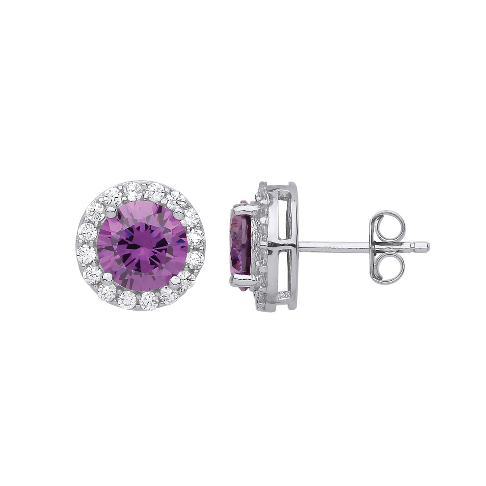 Ladies Sterling Silver Purple Cubic Zirconia Solitaire Halo Cluster Stud Earrings - GVE806